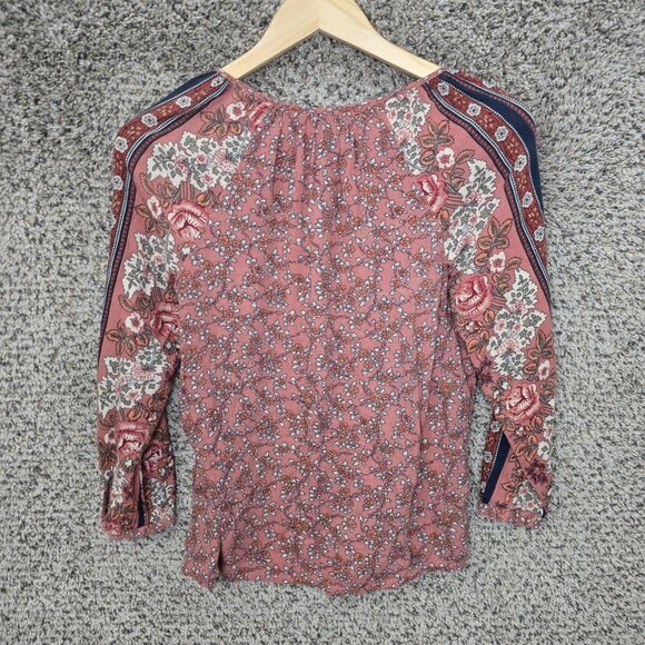 Lucky Brand Top Womens Small Pink Floral Print Boho Crinkle Gauze Neck Tie - Picture 7 of 7